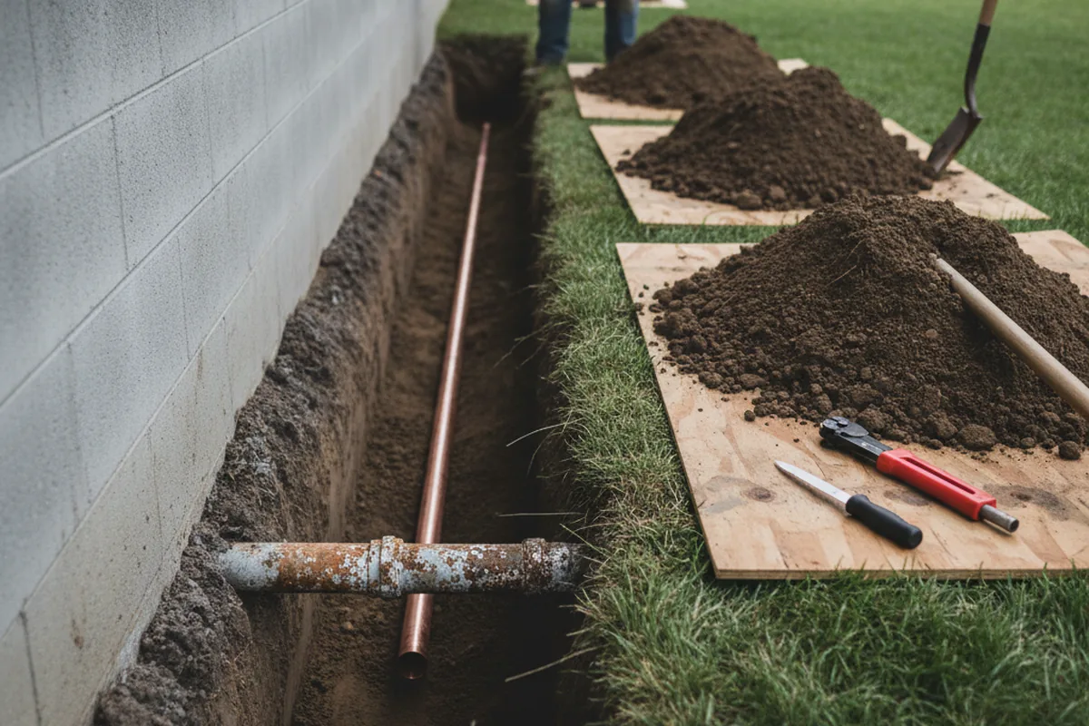 Excavated water line trench during Water Softener Installation in Shafter